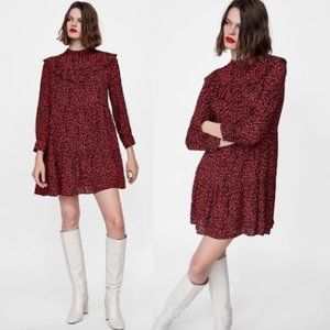 Zara Red Leopard Print Ruffle Babydoll Dress M